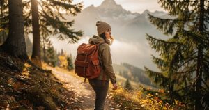 Randonneuse en montagne avec sac à dos terracotta et bonnet en laine merinos beige