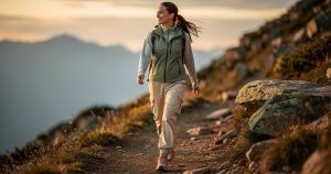Femme en randonnée portant un look tendance 2026 en tons terre, vert sauge et beige sable