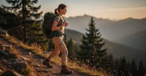 Randonneuse ajustant son sac à dos 30 litres sur un sentier de montagne au coucher du soleil