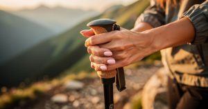 Mains de femme avec manucure naturelle tenant un baton de randonnee en montagne