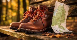Chaussures de randonnée femme posées sur un banc en bois avec une carte de sentier