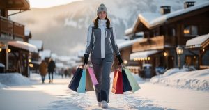 Femme en tenue de ski moderne dans une rue de village de montagne avec sacs shopping