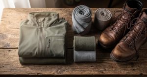Vêtements outdoor pliés sur une table en bois, vestes polaires et chaussures de randonnée