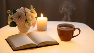 Carnet ouvert sur une table lumineuse apaisante, avec une tasse de thé fumante, une bougie douce et des fleurs fraîches.