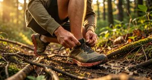 Femme laçant ses chaussures de trail sur un sentier en forêt