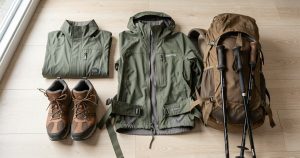Equipement de randonnee dispose au sol : chaussures, veste et sac a dos