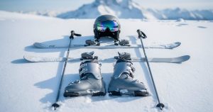 Équipement ski débutant complet posé sur la neige : skis, chaussures, casque et bâtons