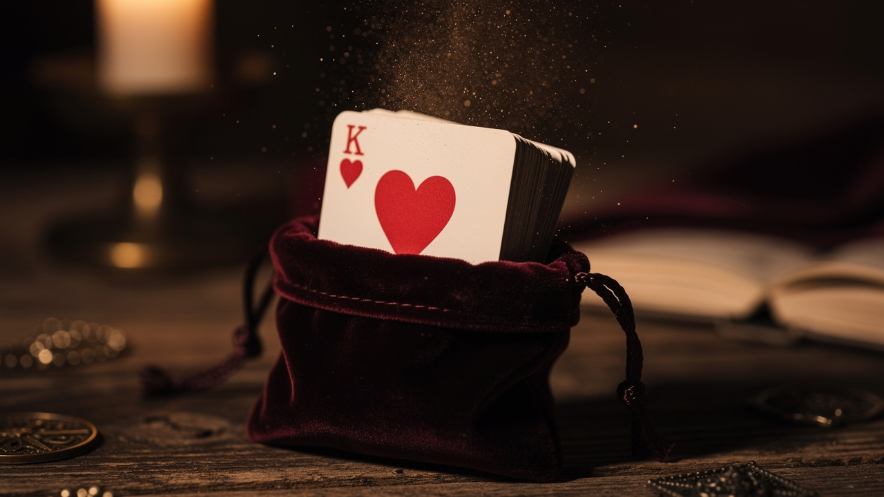 Gros plan sur des cartes de cœur tirées avec douceur, dans une ambiance ésotérique sobre et élégante, éclairage chaud type bougie et faible profondeur de champ.