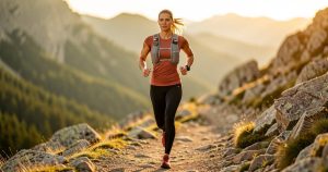 Femme en tenue de trail running technique courant sur un sentier de montagne au coucher du soleil