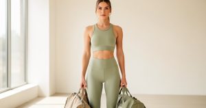 Femme en legging et haut de sport dans un studio lumineux
