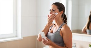 Femme sportive applique une crème hydratante sur son visage