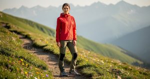 Femme en veste technique rouge et pantalon vert sur un sentier de montagne, tendance printemps-été 2026