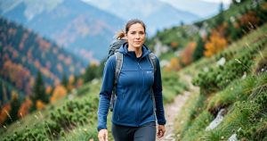 Femme en veste softshell sur un sentier de randonnee en montagne