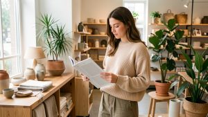 Une jeune femme feuillette un magazine sans texte dans un concept store lumineux entouré d’objets tendance et de plantes vertes.