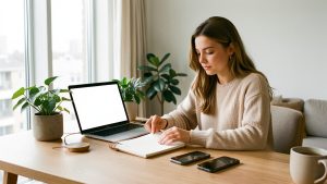 Jeune femme organisant ses contenus lifestyle sur un ordinateur, un carnet et un smartphone dans un intérieur lumineux et tendance.