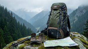 Veste de randonnée imperméable posée sur un rocher moussu à côté d’un sac à dos préparé pour un trek de trois jours, avec des bâtons et des chaussures de marche dans un paysage montagneux brumeux.