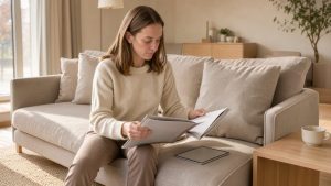 Une femme assise dans un salon contemporain lumineux feuillette un magazine sans inscriptions et consulte une tablette.